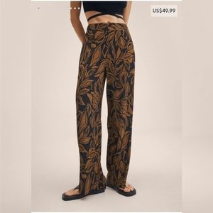 Leaf Print Wide-Leg Pants - Black and Brown/Orange